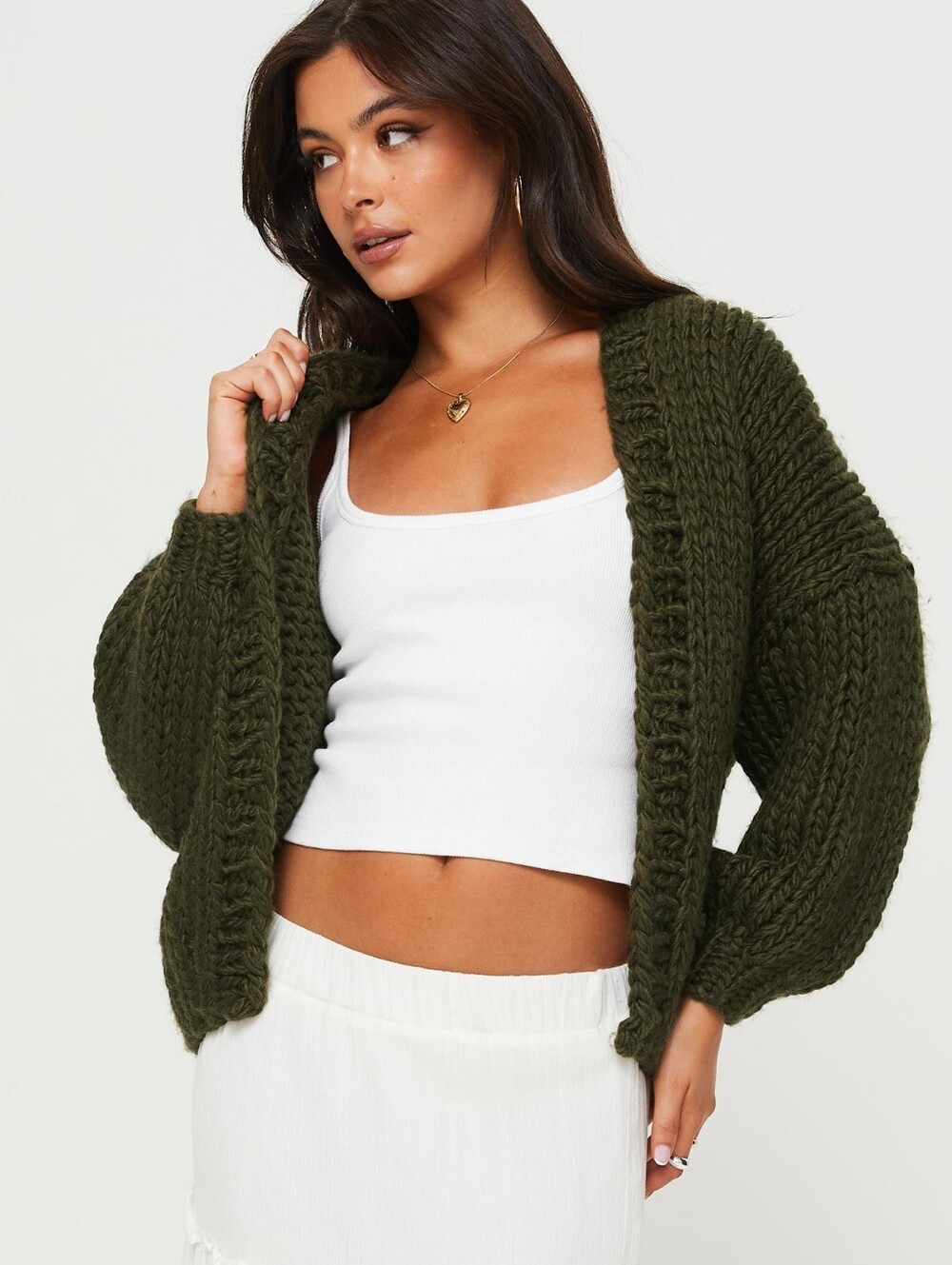 Princess Polly Lester Chunky Knit Oversized Olive Green Open Cardigan S/m